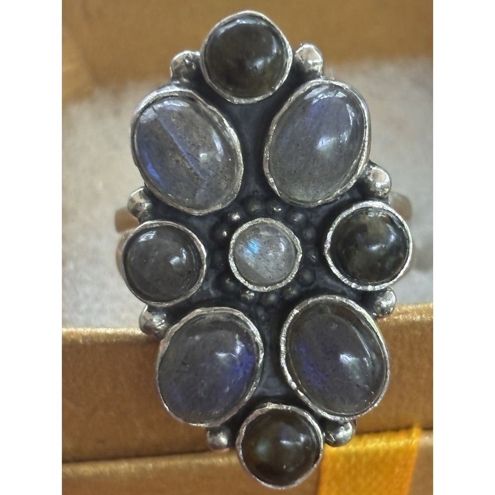 Vintage Sterling Silver Large Labradorite Cluster Ring Adjustable Size 7-10